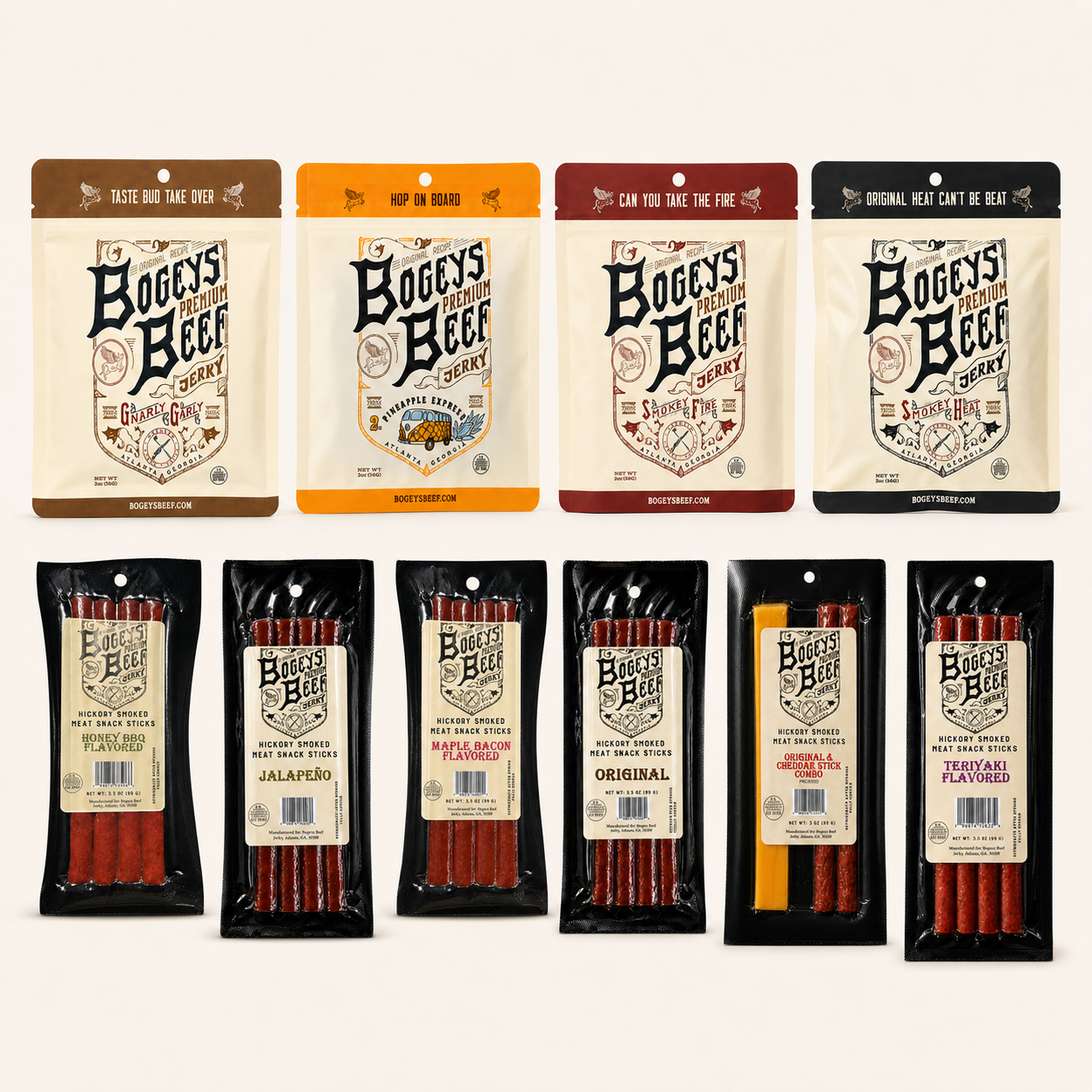 Triple Bogey bundle choices with four jerky bags and six current meat stick flavors